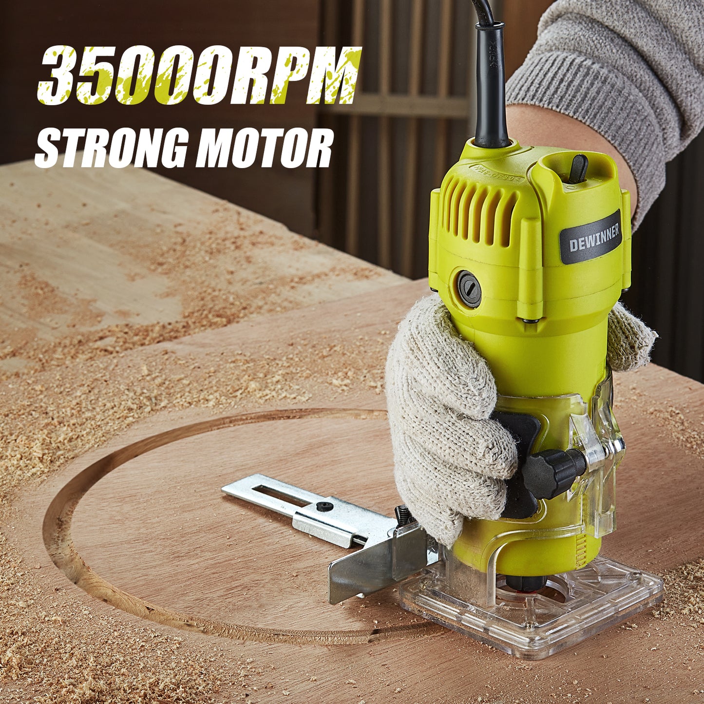 Electric Hand Palm Router, DEWINNER Trimmer Laminate Wood Working Joiners Tool, Compact Router with Trimmer Base, 3 Guide,2 Collets 1/4"(6.35mm) and 3/8"