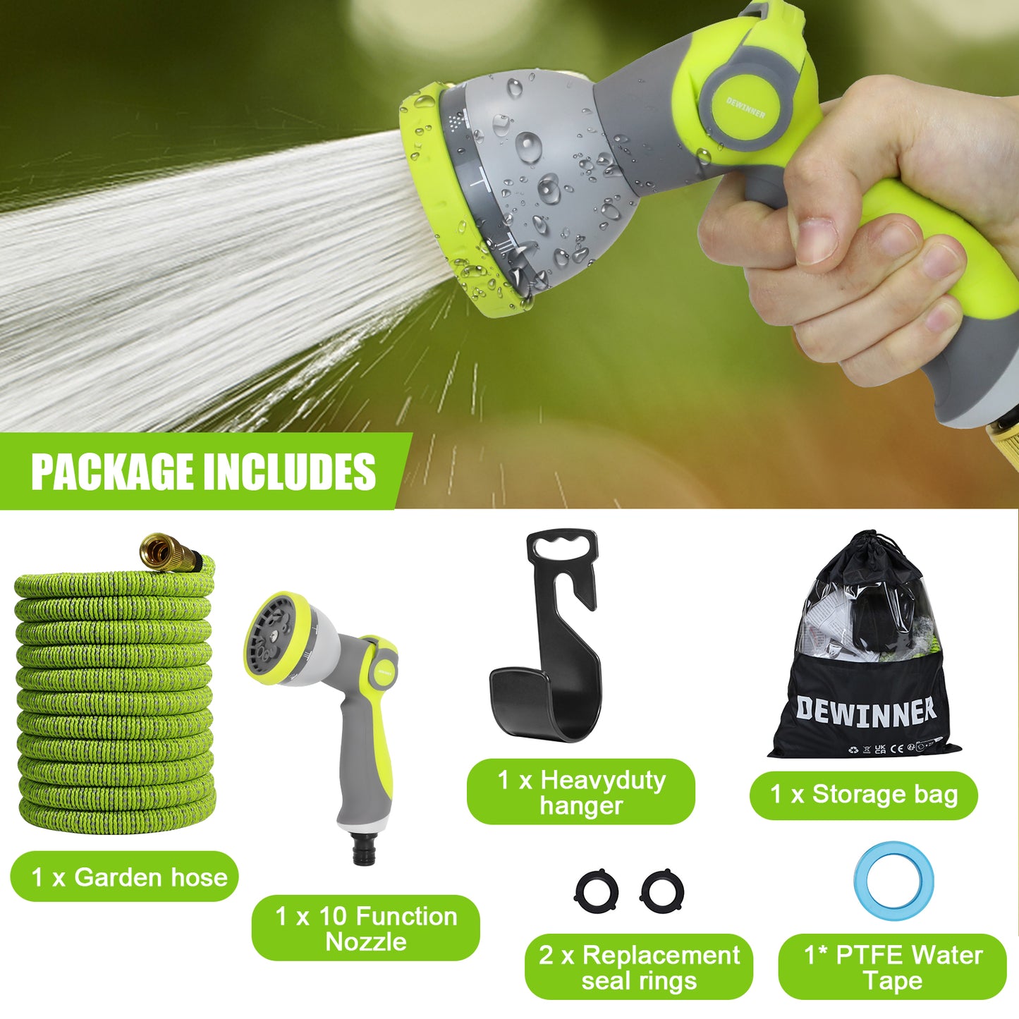 Expandable Garden Hose Pipe, Upgraded 3-Layer Latex No-Kink Flexible Water Hose, 3/4"&1/2" Solid Brass Connectors, 10 Function Spray Nozzle (100ft/50ft)