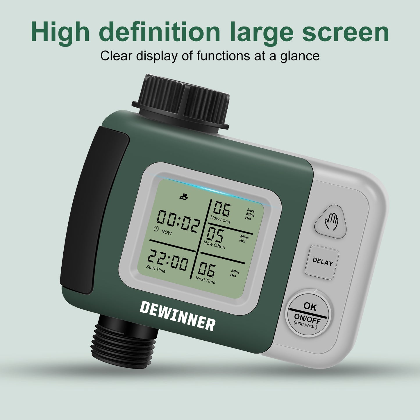 DEWINNER Water Timer Digital Programmable Garden Lawn Tap Computer Hose Faucet Sprinkler Timer Irrigation System Controller/ Auto&Manual Mode/Rain Delay/Large Screen/IP64 Waterproof