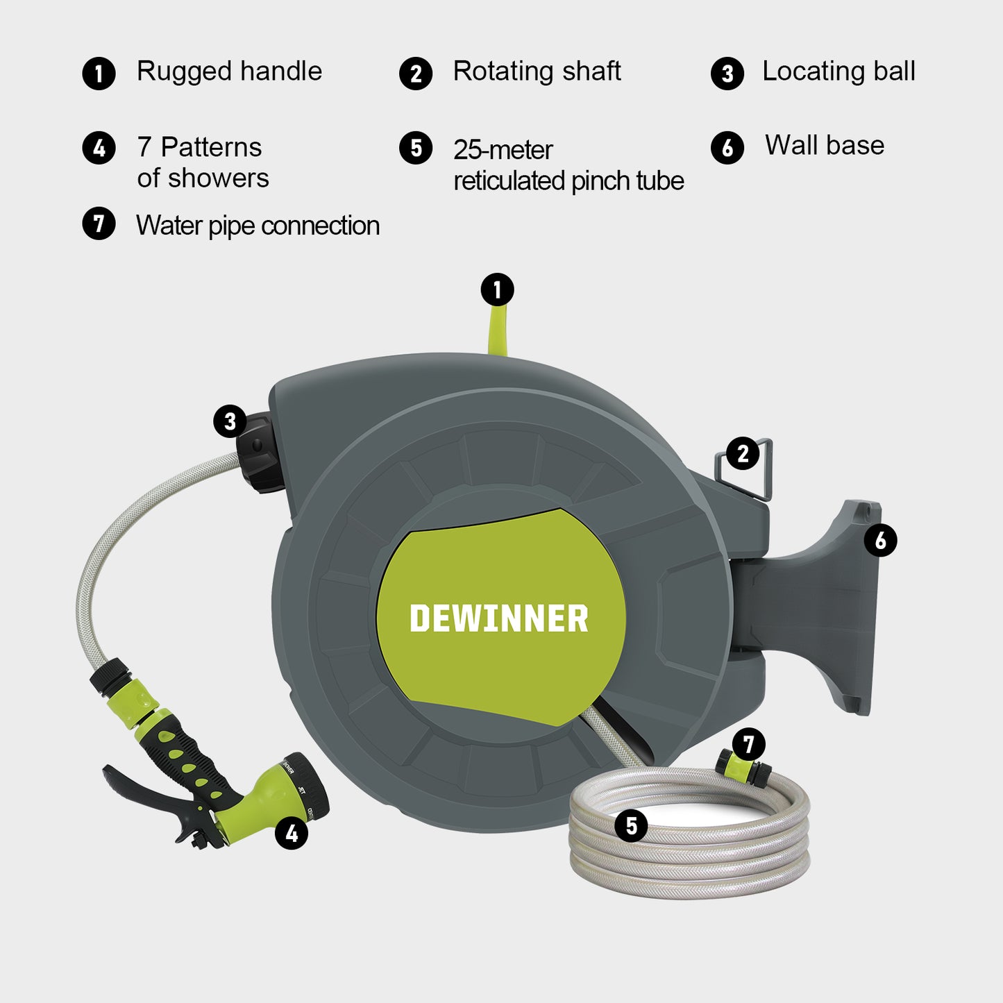 DEWINNER Garden Hose Reel, Auto Rewind Wall-Mounted Reel, Hose Locking Mechanism, 180° Swivel Pivot , 25M Hose Pipe+2M Tap Connect Hose for Outdoor Watering