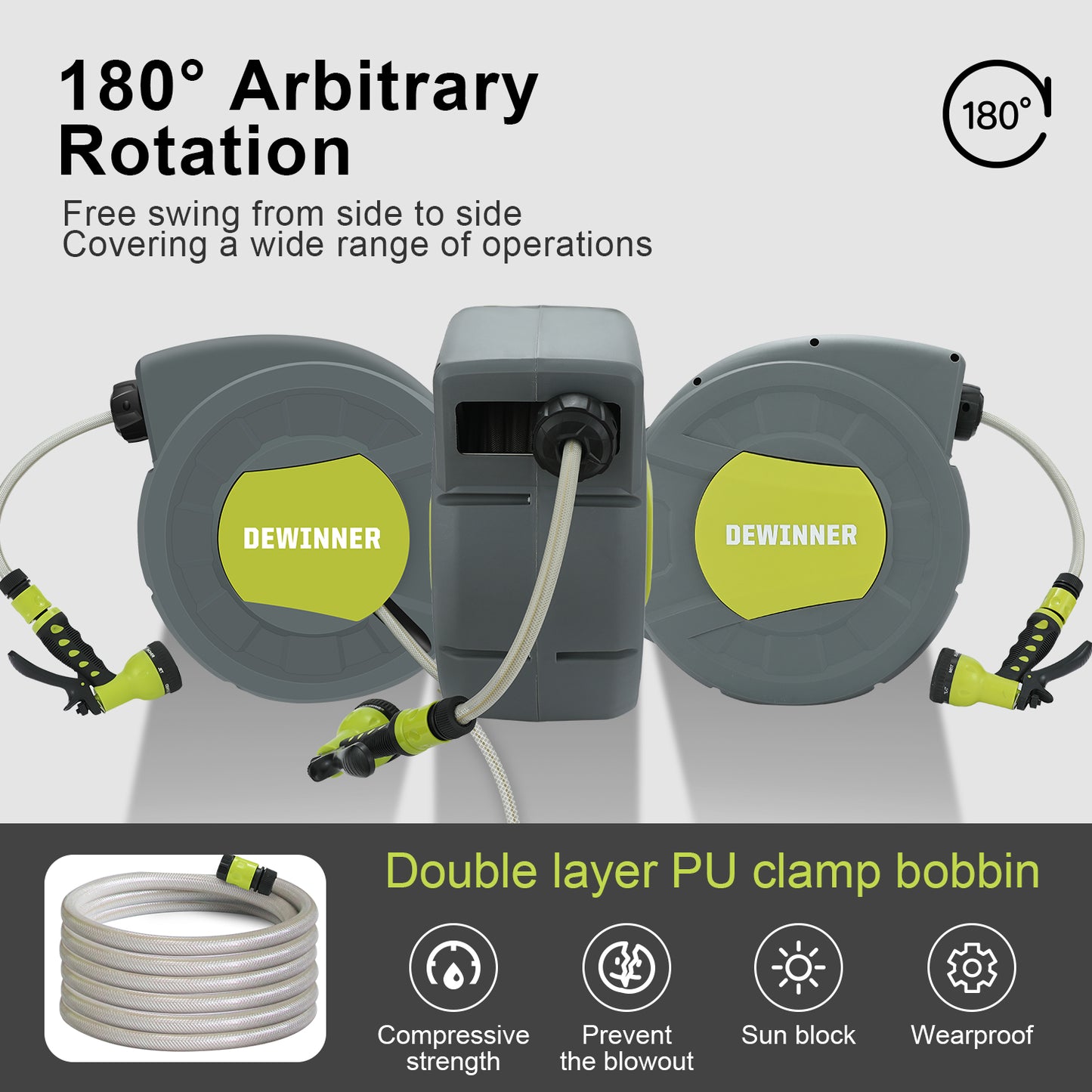 DEWINNER Garden Hose Reel, Auto Rewind Wall-Mounted Reel, Hose Locking Mechanism, 180° Swivel Pivot , 25M Hose Pipe+2M Tap Connect Hose for Outdoor Watering