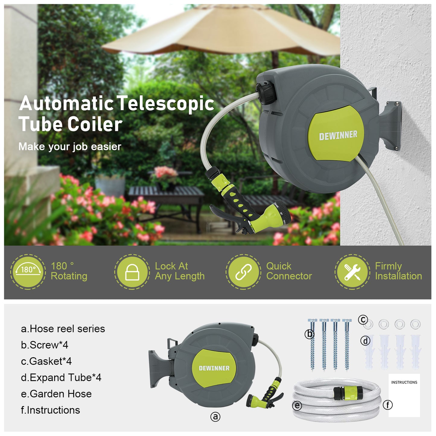 DEWINNER Garden Hose Reel, Auto Rewind Wall-Mounted Reel, Hose Locking Mechanism, 180° Swivel Pivot , 25M Hose Pipe+2M Tap Connect Hose for Outdoor Watering