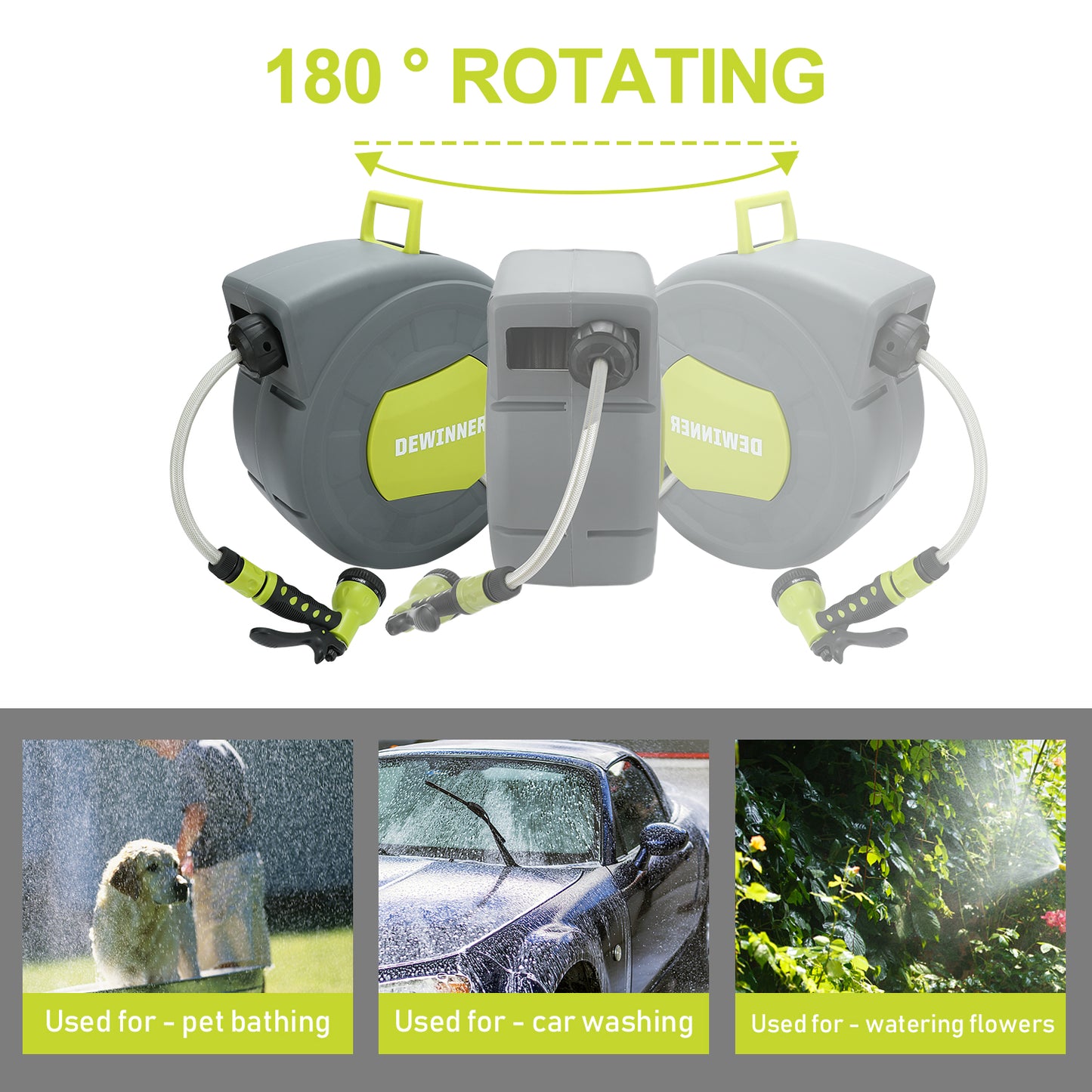 DEWINNER Garden Hose Reel, Auto Rewind Wall-Mounted Reel, Hose Locking Mechanism, 180° Swivel Pivot , 25M Hose Pipe+2M Tap Connect Hose for Outdoor Watering