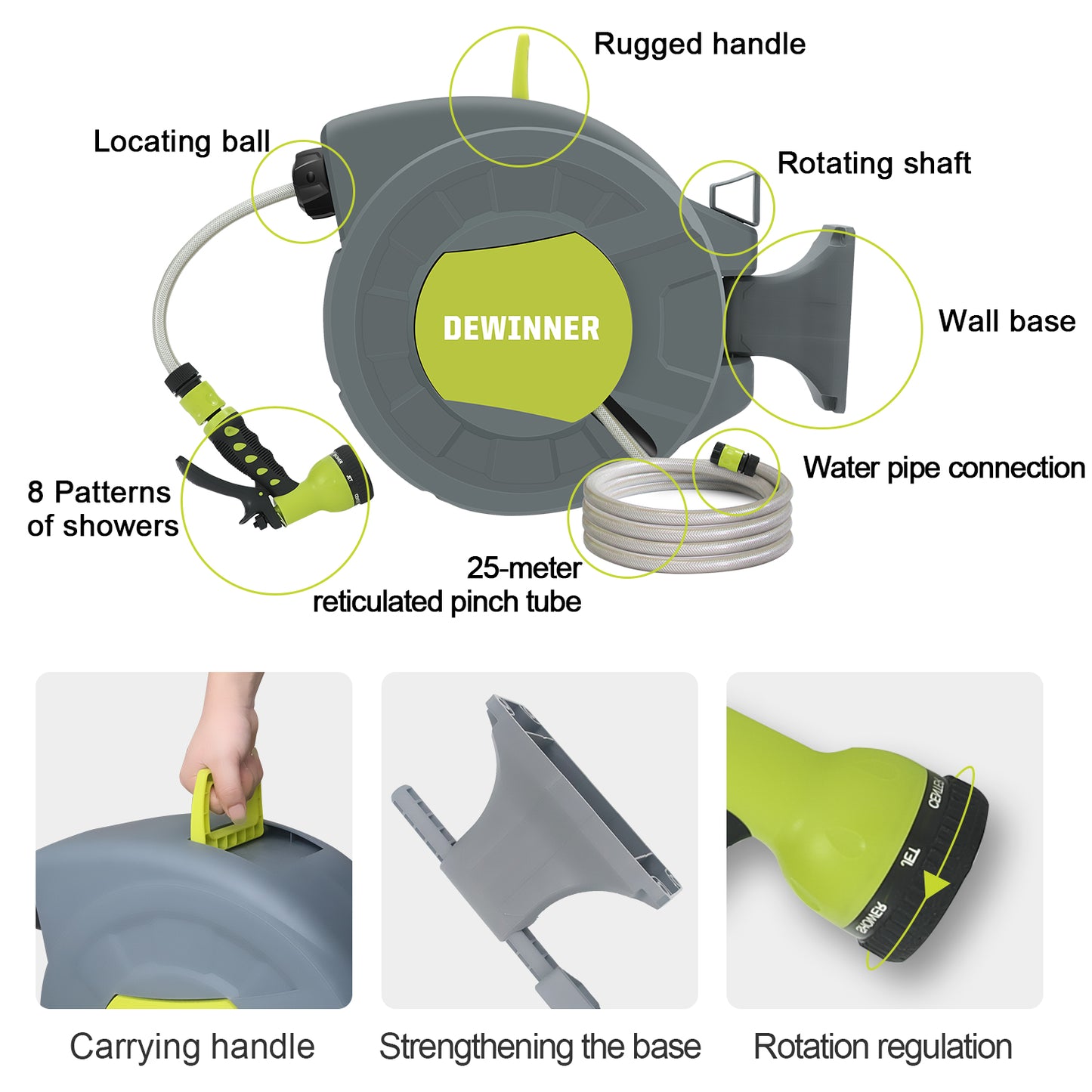 DEWINNER Garden Hose Reel, Auto Rewind Wall-Mounted Reel, Hose Locking Mechanism, 180° Swivel Pivot , 25M Hose Pipe+2M Tap Connect Hose for Outdoor Watering