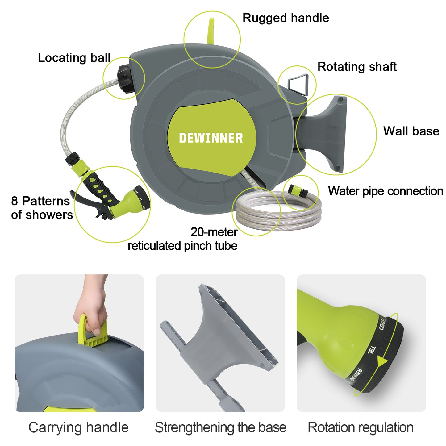 DEWINNER Garden Hose Reel, Auto Rewind Wall-Mounted Reel, Hose Locking Mechanism, 180° Swivel Pivot , 25M Hose Pipe+2M Tap Connect Hose for Outdoor Watering