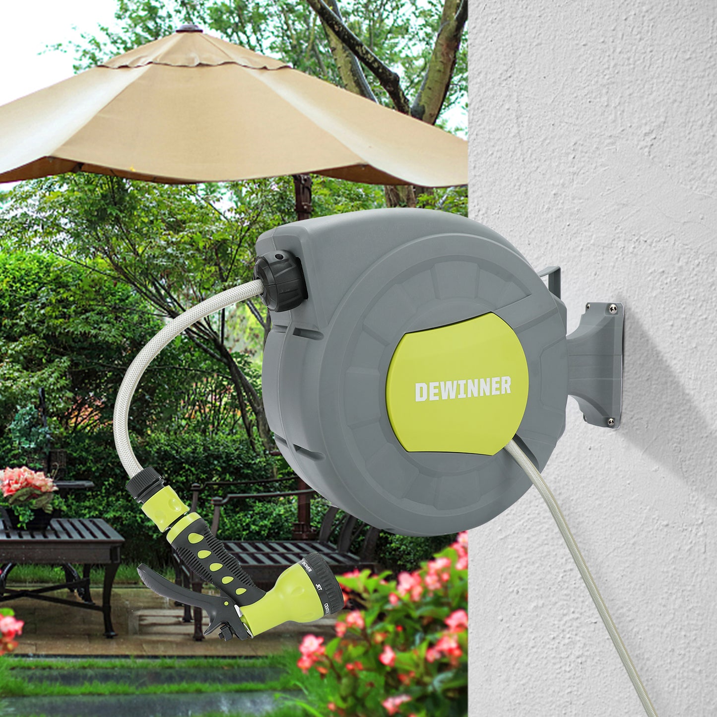 DEWINNER Garden Hose Reel, Auto Rewind Wall-Mounted Reel, Hose Locking Mechanism, 180° Swivel Pivot , 25M Hose Pipe+2M Tap Connect Hose for Outdoor Watering