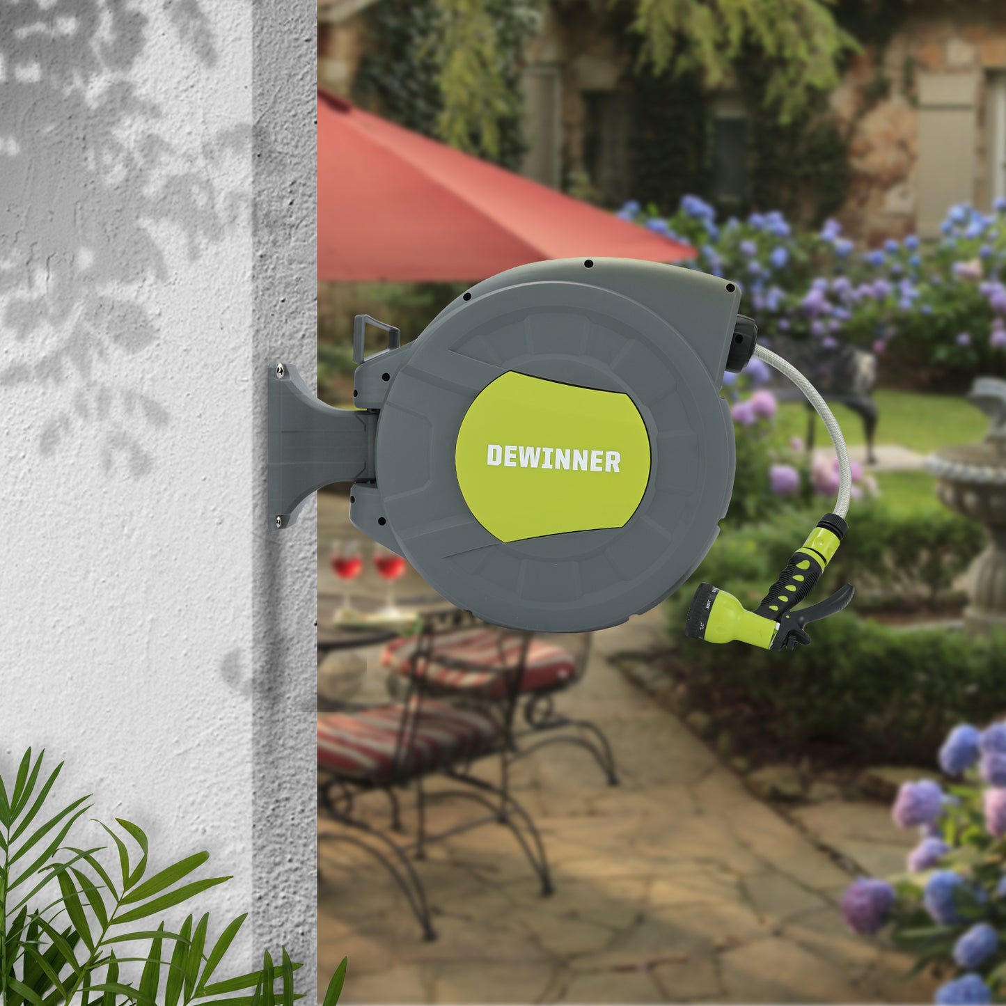 DEWINNER Garden Hose Reel, Auto Rewind Wall-Mounted Reel, Hose Locking Mechanism, 180° Swivel Pivot , 25M Hose Pipe+2M Tap Connect Hose for Outdoor Watering