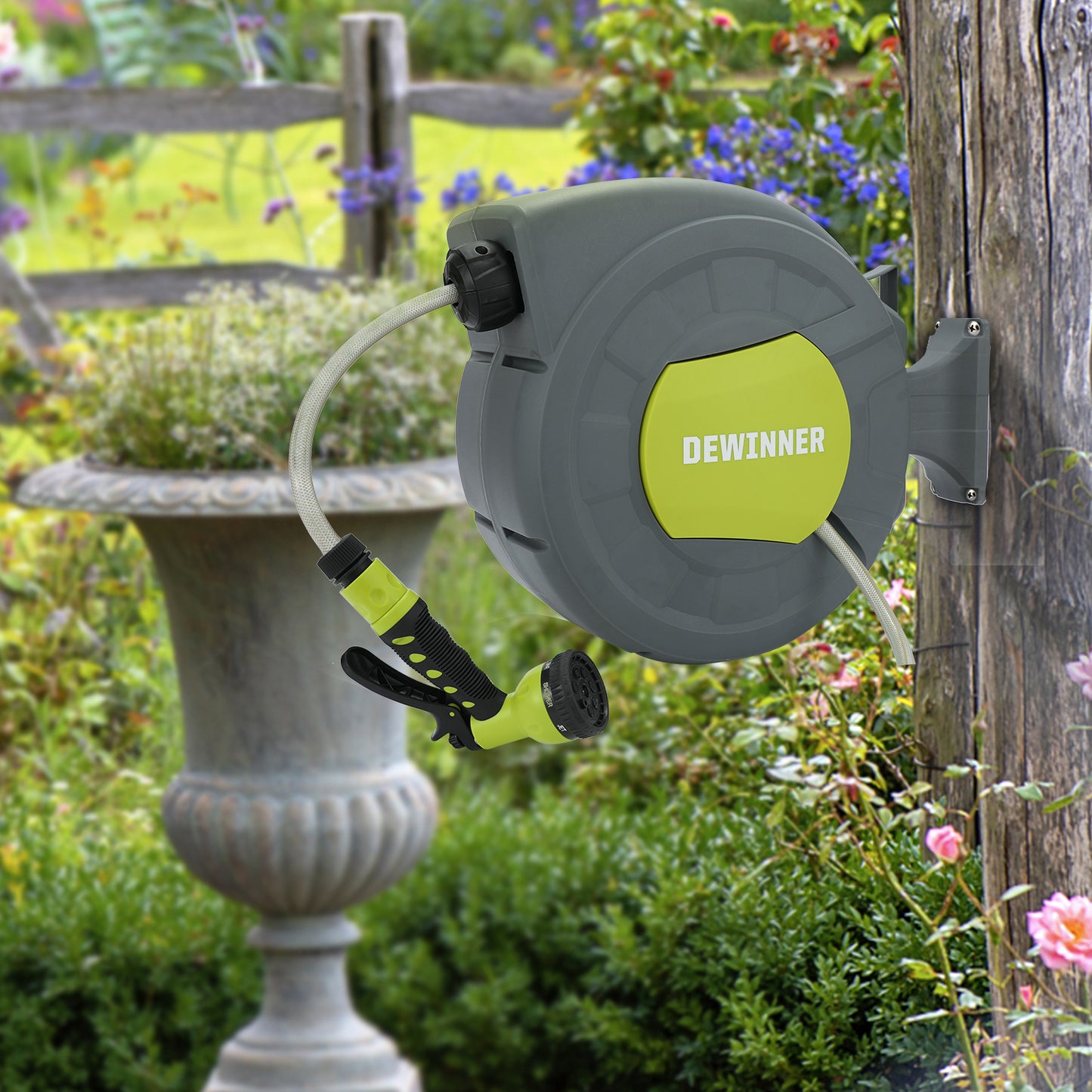 DEWINNER Garden Hose Reel, Auto Rewind Wall-Mounted Reel, Hose Locking Mechanism, 180° Swivel Pivot , 25M Hose Pipe+2M Tap Connect Hose for Outdoor Watering
