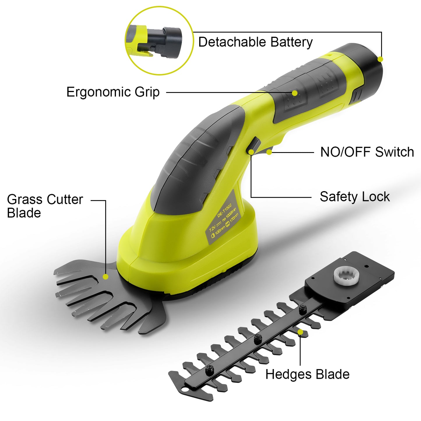 DEWINNER 2in1 Grass Shear & Hedge Trimmer with 7.2V Rechargeable Lithium-Ion Battery, Edging and Shrub Shear, 2 Interchangeable Blades, Lightweight, Garden Cutting Edge Trimmer, Pruner - Handheld