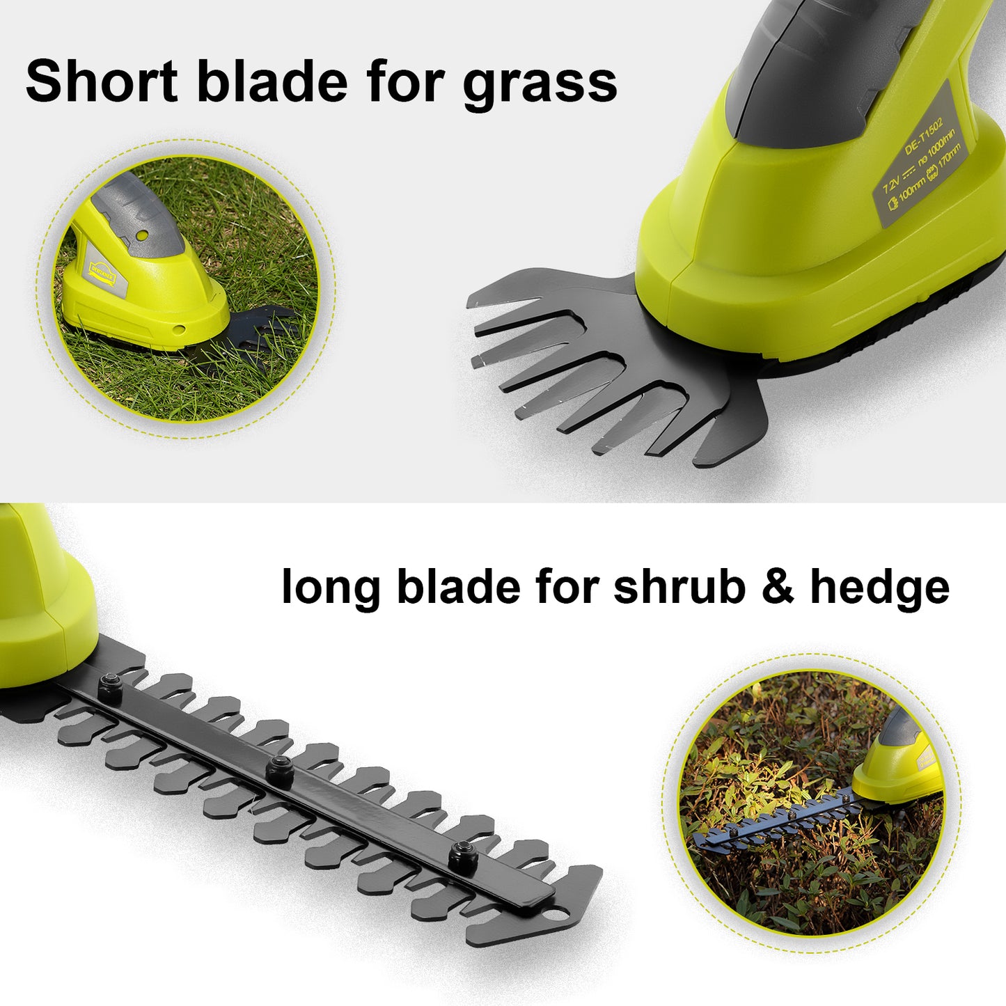 DEWINNER 2in1 Grass Shear & Hedge Trimmer with 7.2V Rechargeable Lithium-Ion Battery, Edging and Shrub Shear, 2 Interchangeable Blades, Lightweight, Garden Cutting Edge Trimmer, Pruner - Handheld