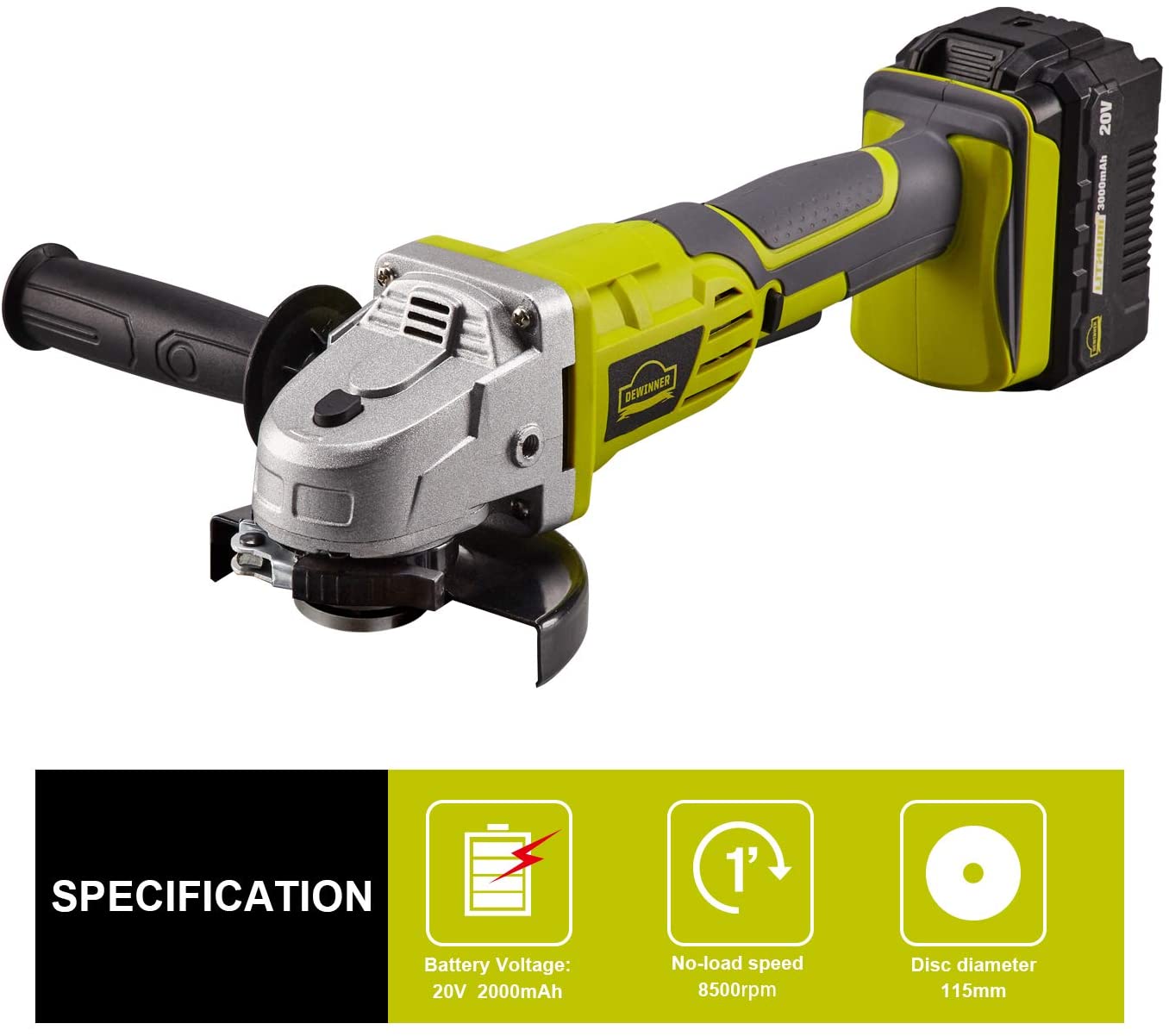 DEWINNER Cordless Angle Grinder, 4 ½", 2-Position Adjustable Auxiliary Handle, Electric Brake,20V,8500 RPM w/ 3.0Ah Lithium-Ion Battery & Fast Charger,