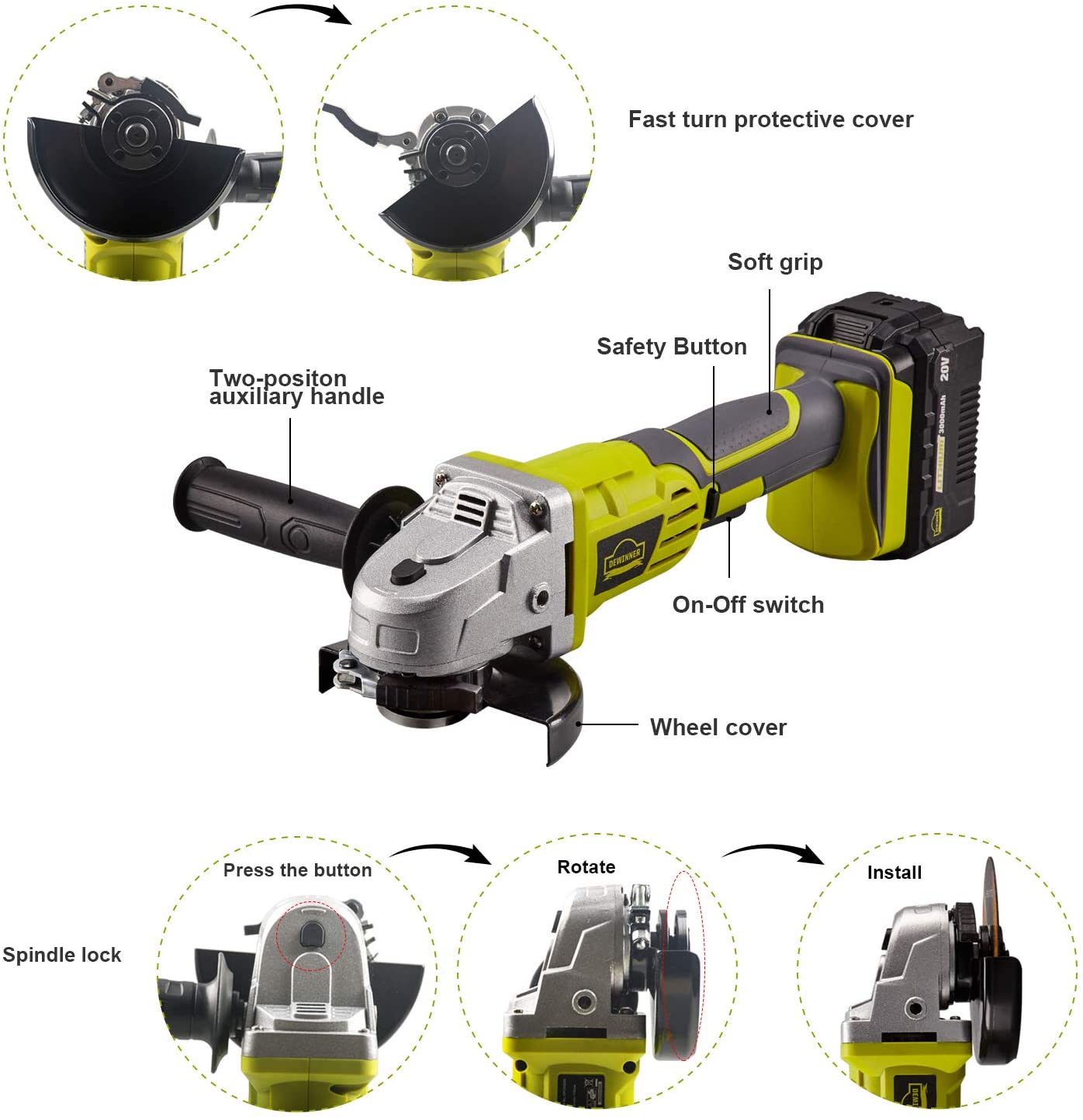 DEWINNER Cordless Angle Grinder, 4 ½", 2-Position Adjustable Auxiliary Handle, Electric Brake,20V,8500 RPM w/ 3.0Ah Lithium-Ion Battery & Fast Charger,