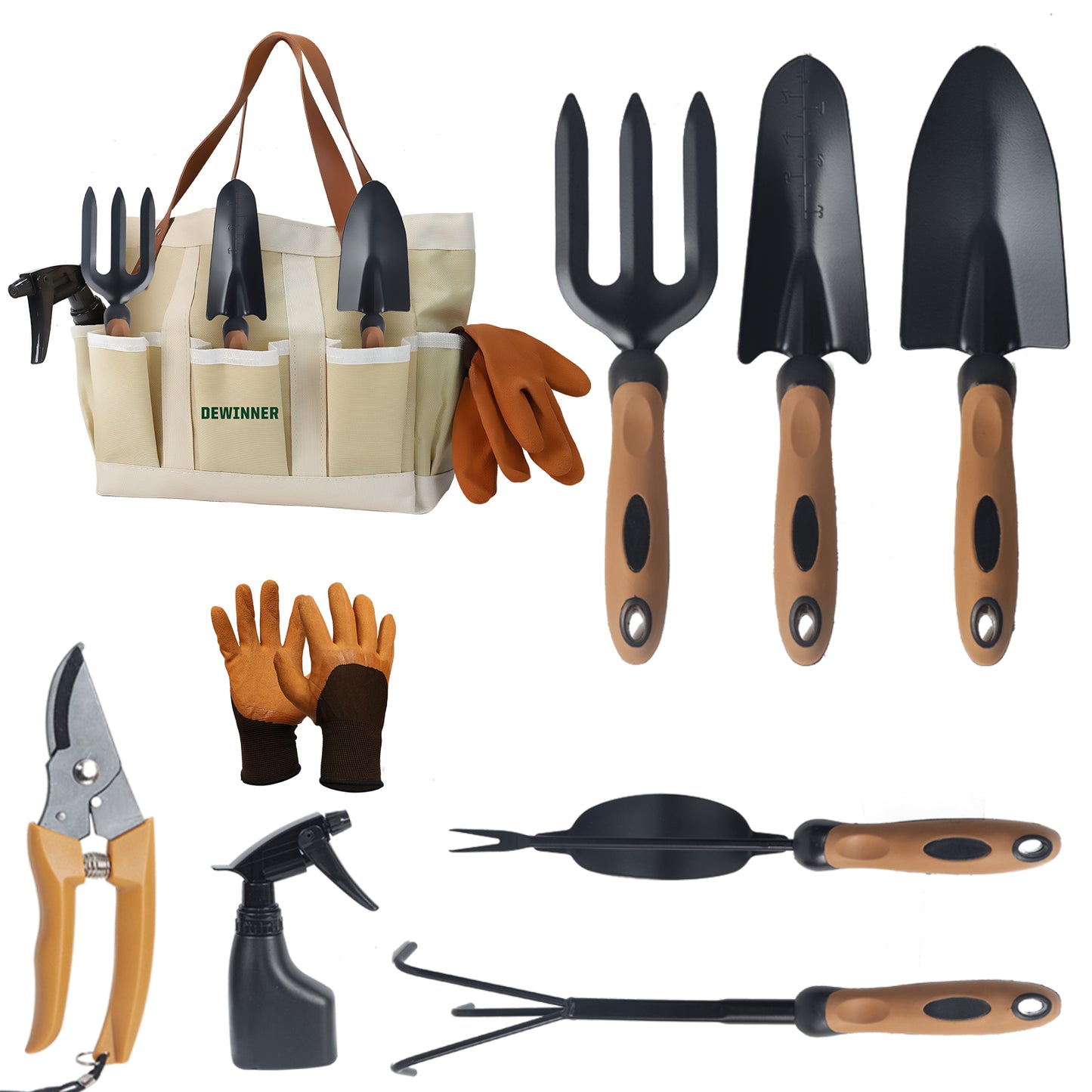 DEWINNER Gardening Tool Set, 9 Piece Women's Handmade Planting Gardening Gift, Ergonomic Handle, Currant Plant Tools