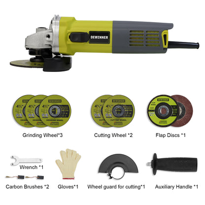 DEWINNER Angle Grinder 850W,Angle Grinder 220-240 V, 6 Angle Grinding Cutting Discs,115mm, Protective Cover, with Extra Handle Grinding Cutting Tool
