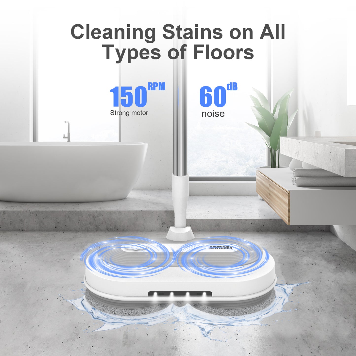 DEWINNER Cordless Electric Mop with 2.0 Ah Battery and Charger,Dual Spin Floor Polisher with 300ML Water Tank & Headlight, 120 L/H Compact Cleaner Kit for Cleaning and Washing