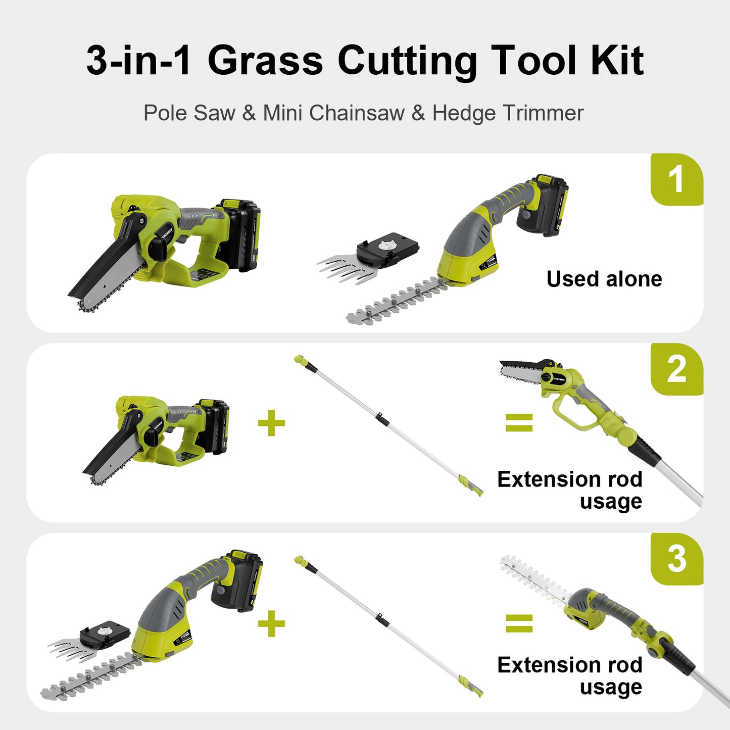 DEWINNER Cordless 3-in-1 Pole & Handheld Hedge Trimmer and Chainsaw, Telescopic Shaft, 254cm Long Reach Extendable Cutter for Hedges,Battery and Charger, Adjustable Head