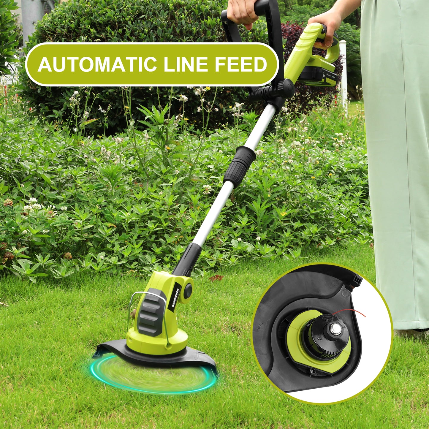 Dewinner Cordless Grass Strimmer 20V 1HR Fast Charge Grass Trimmer with 1*Trimmer Line Grass Cutter Edging, 1* Batteries and Charger Included.