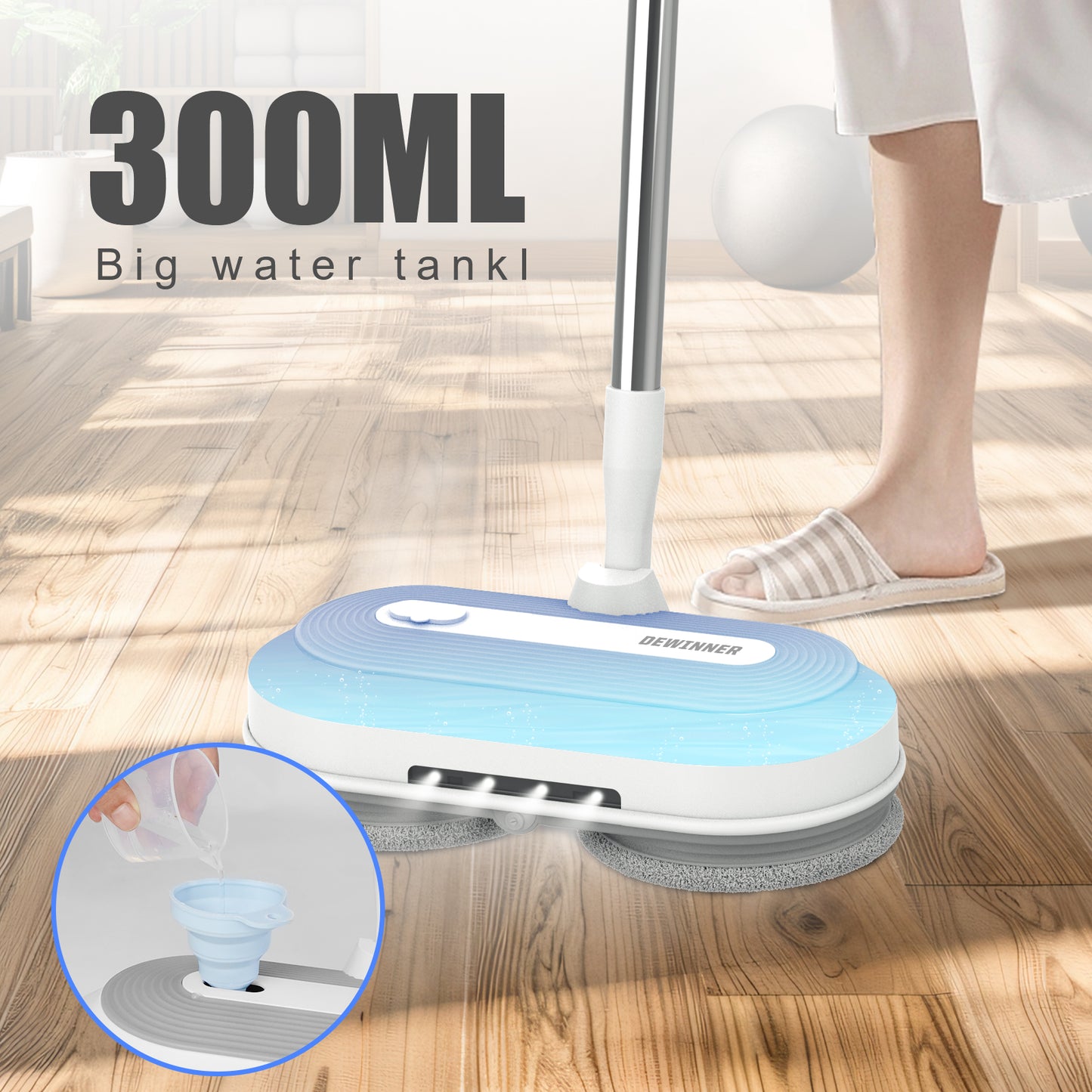 DEWINNER Cordless Electric Mop with 2.0 Ah Battery and Charger,Dual Spin Floor Polisher with 300ML Water Tank & Headlight, 120 L/H Compact Cleaner Kit for Cleaning and Washing
