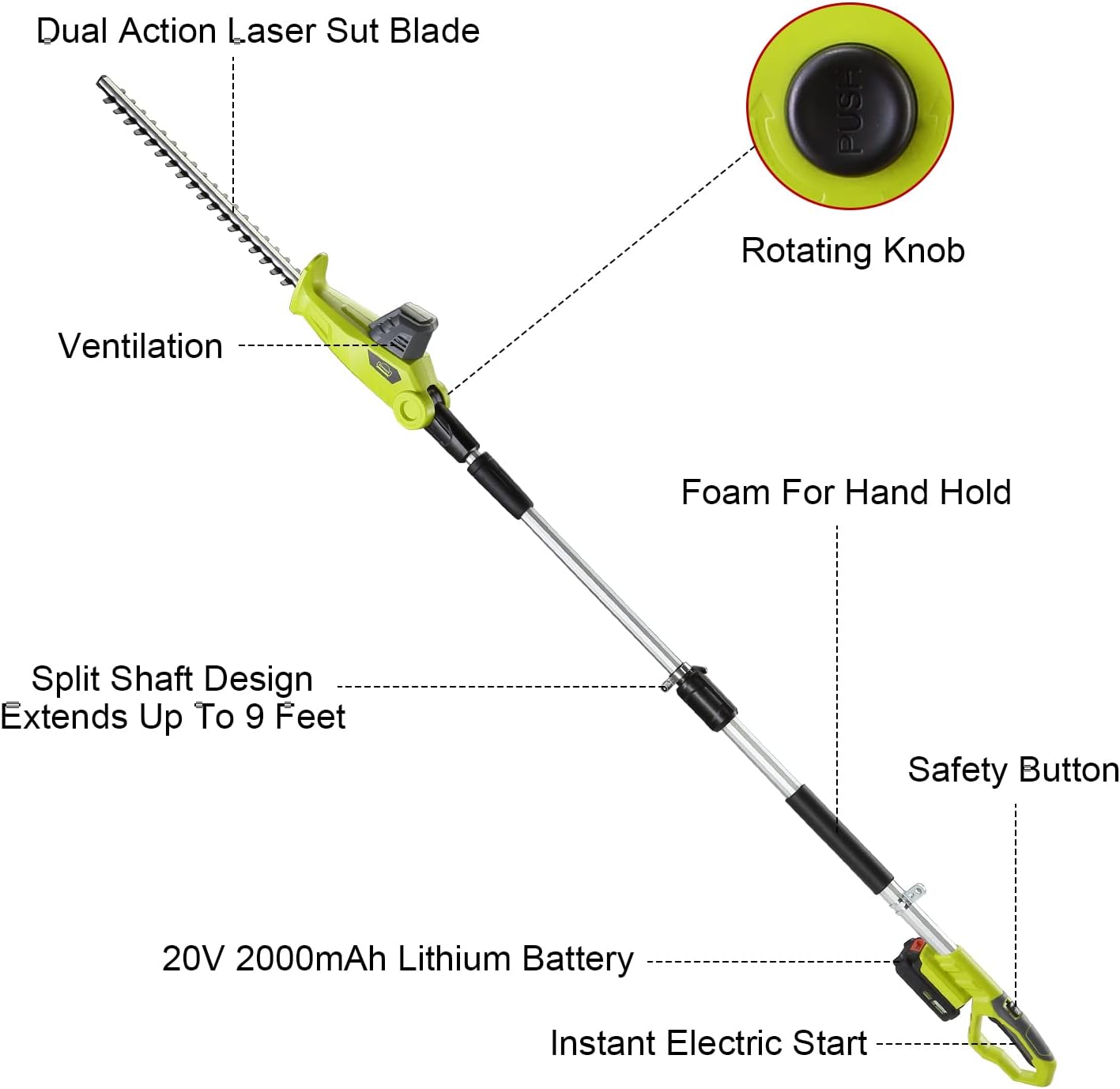 DEWINNER Cordless Telescopic Hedge Trimmer, Multifunktion Hedge Trimmer, with 2 x 20 V 2.0 Ah Batteries, Charger, Blade Length 46 cm, Cordless Electric Hedge Trimmer, for Tall Plants
