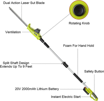 Hedge Trimmer on Telescopic Cordless Pole, DEWINNER Electric Pole 20V 2.0Ah (Length: 45cm, Capacity: 16mm), with 1 Battery Charger, Extension Pole 2.4M Cutter