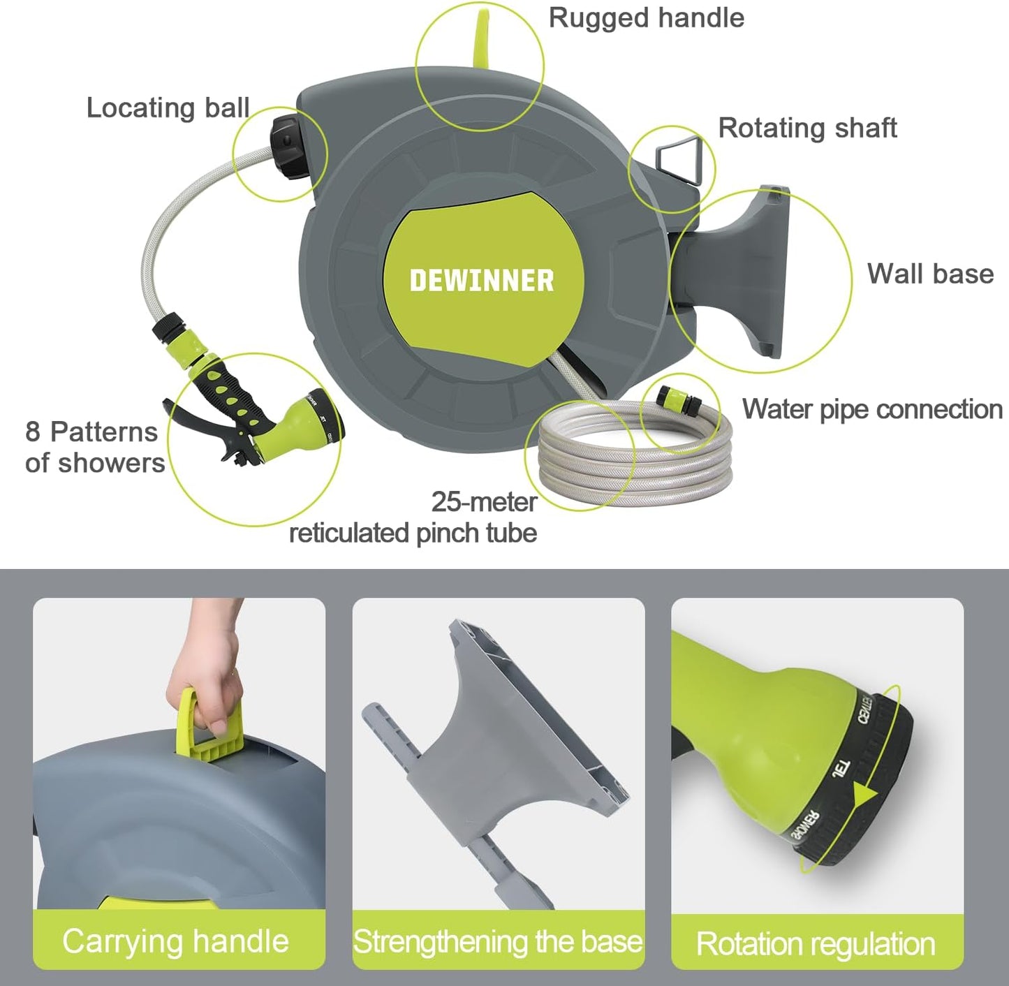 DEWINNER Garden Hose Reel 25+2M, Automatic Wall Mounted Hose Reel with Spray Nozzle, 180° Swivel, Garden Hose with Reel, 7 Functions for Watering Lawn Garden