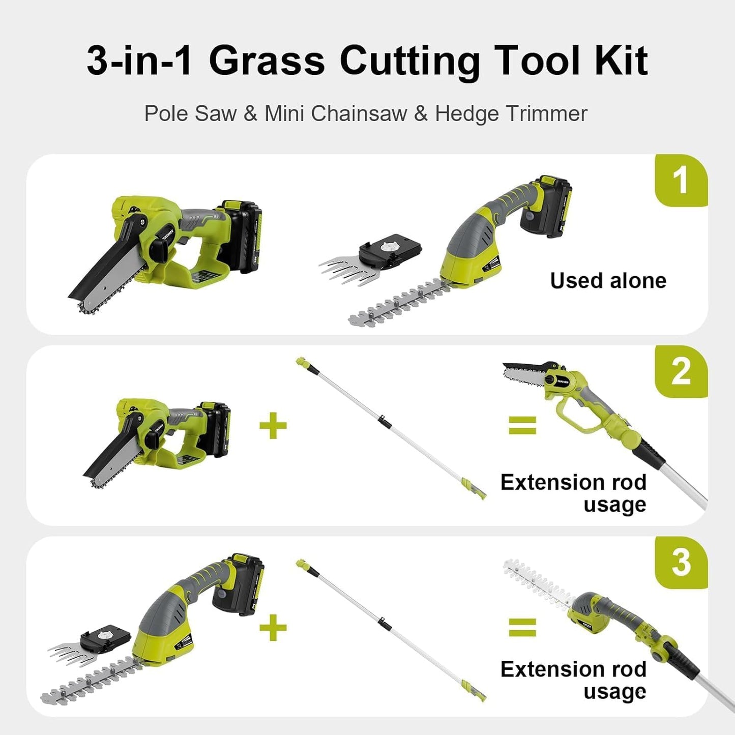 DEWINNER 3 in 1 Telescopic Hedge Trimmer - Electric Chainsaw with Safety Switch, Range up to 2.53 m, Blades 240 mm and 120 mm, Head Adjustable 135°