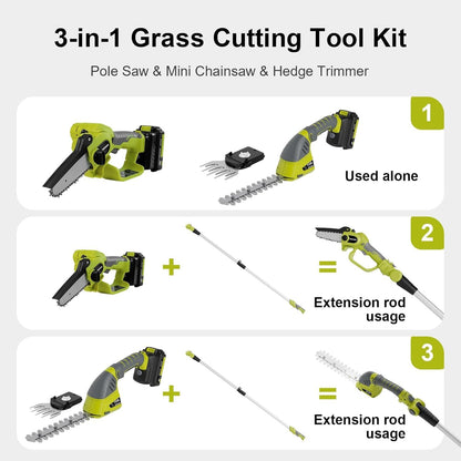 DEWINNER 3 in 1 Telescopic Hedge Trimmer - Electric Chainsaw with Safety Switch, Range up to 2.53 m, Blades 240 mm and 120 mm, Head Adjustable 135°