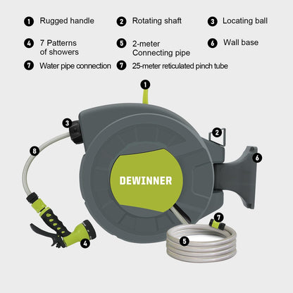 DEWINNER Garden Hose Reel 25+2M, Automatic Wall Mounted Hose Reel with Spray Nozzle, 180° Swivel, Garden Hose with Reel, 7 Functions for Watering Lawn Garden