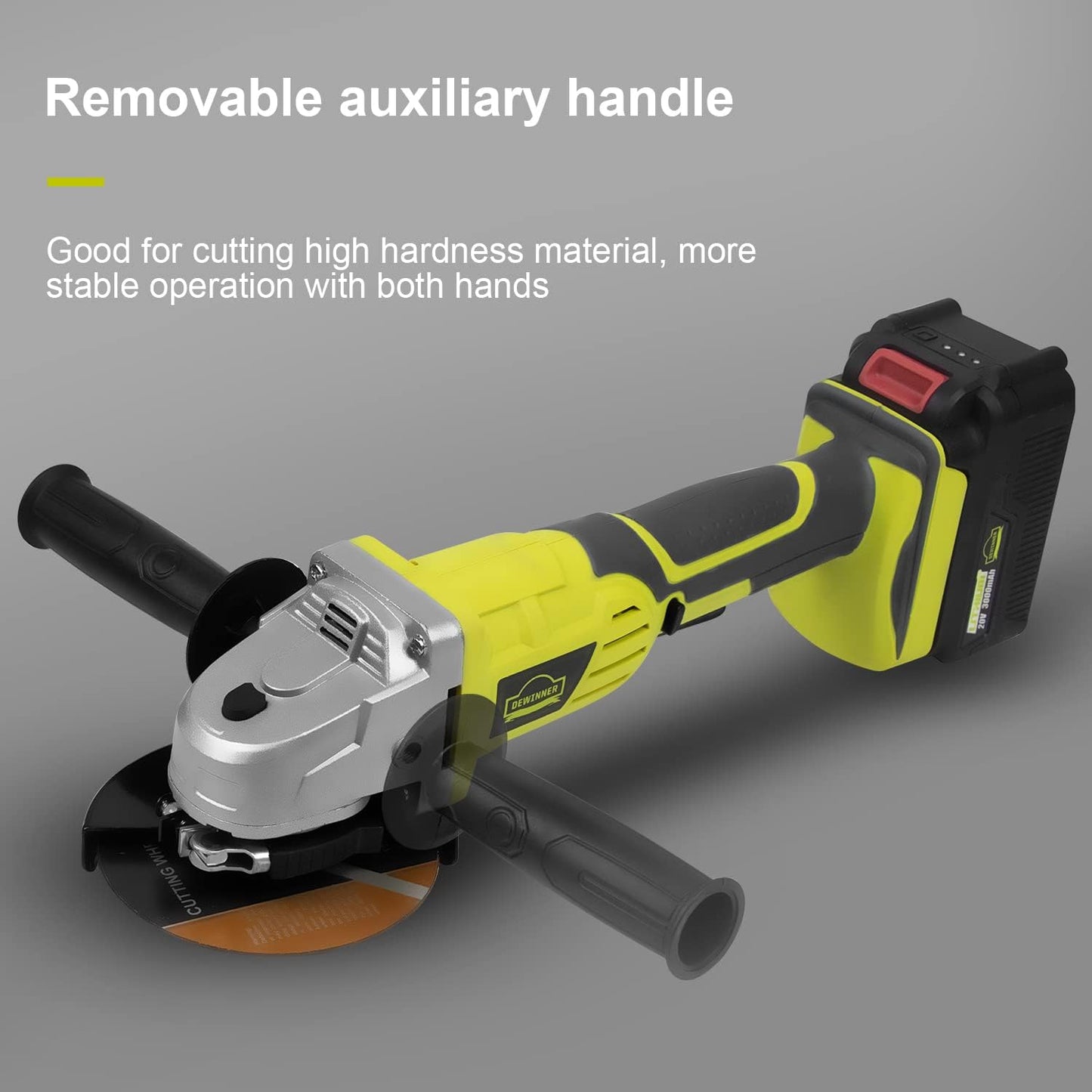 DEWINNER Cordless Angle Grinder, 115mm, 2*3Ah Battery, Auxiliary Handle, Quick Clamping, Quick Charger, 2 Grinding Discs for Grinding, Cutting and Polishing