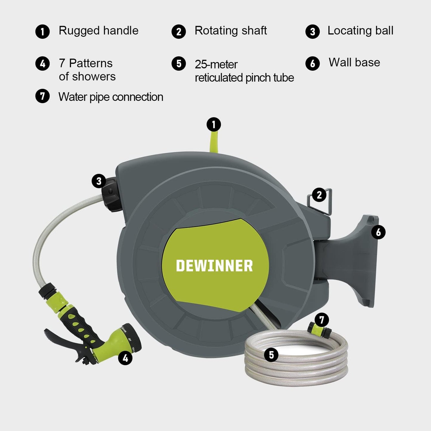 DEWINNER Wall Mounted Garden Hose Reel, 20 +2 m Automatic Wall Mounted Hose Reel with Spray Nozzle, Automatic Rewinding Bracket, Garden Hose with Reel, Outdoor Hose Watering