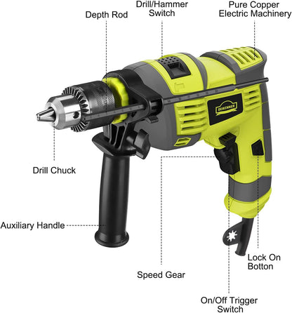 Professional 710W DEWINNER Cordless Impact Drill with 102 Accessories, 3300RPM, Electric Impact Drill, 360° Rotating Handle, 13mm Chuck