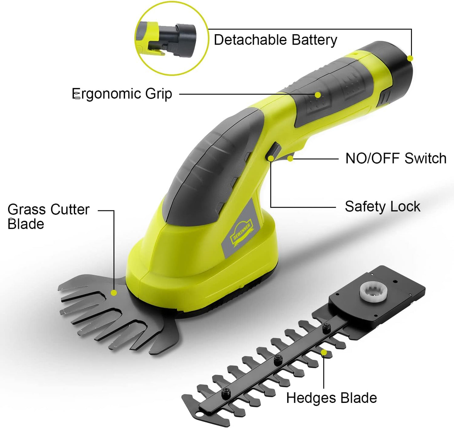 DEWINNER 2 in 1 Lawn Shears, Battery 7.2V, Blade Width 100, for Cutting Hedges, Lawns, Includes Portable Tailor, Battery and Charger DE-T1502