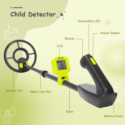 Metal Detector for Kids, DEWINNER 7.4 Inch Waterproof Kid Detectors Gold Lightweight Search Coil (24''-35'') Adjustable Junior & Youth with High Accuracy, Black (DE-T237)