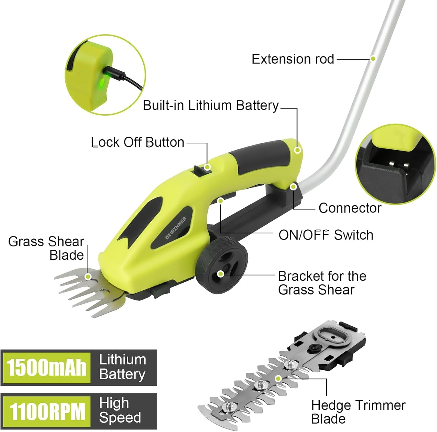 Dewinner 3-in-1 Lawn Shears, 3.6 V Battery, Lawn Shears with 2 Blades, Garden Shears for Cutting Hedges, Lawns, Cutting Width/Length 10 cm/15 cm, Includes Charger