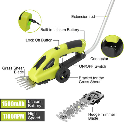 Dewinner 3-in-1 Lawn Shears, 3.6 V Battery, Lawn Shears with 2 Blades, Garden Shears for Cutting Hedges, Lawns, Cutting Width/Length 10 cm/15 cm, Includes Charger