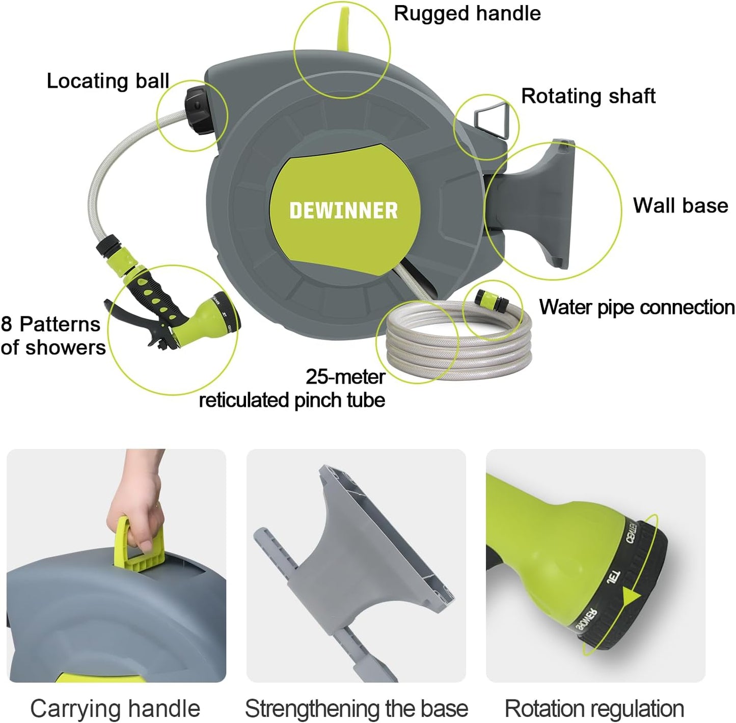 DEWINNER Wall Mounted Garden Hose Reel, 20 +2 m Automatic Wall Mounted Hose Reel with Spray Nozzle, Automatic Rewinding Bracket, Garden Hose with Reel, Outdoor Hose Watering