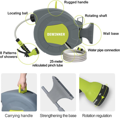 DEWINNER Wall Mounted Garden Hose Reel, 20 +2 m Automatic Wall Mounted Hose Reel with Spray Nozzle, Automatic Rewinding Bracket, Garden Hose with Reel, Outdoor Hose Watering