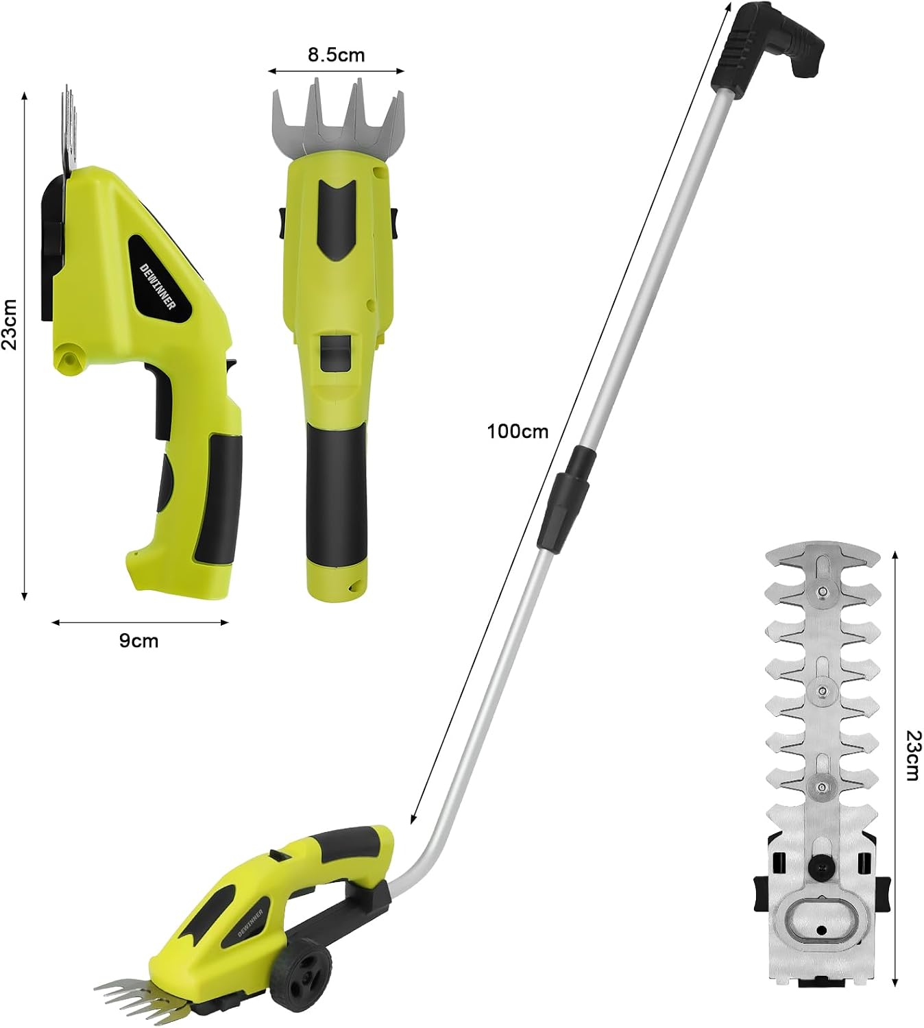 Dewinner 3-in-1 Lawn Shears, 3.6 V Battery, Lawn Shears with 2 Blades, Garden Shears for Cutting Hedges, Lawns, Cutting Width/Length 10 cm/15 cm, Includes Charger