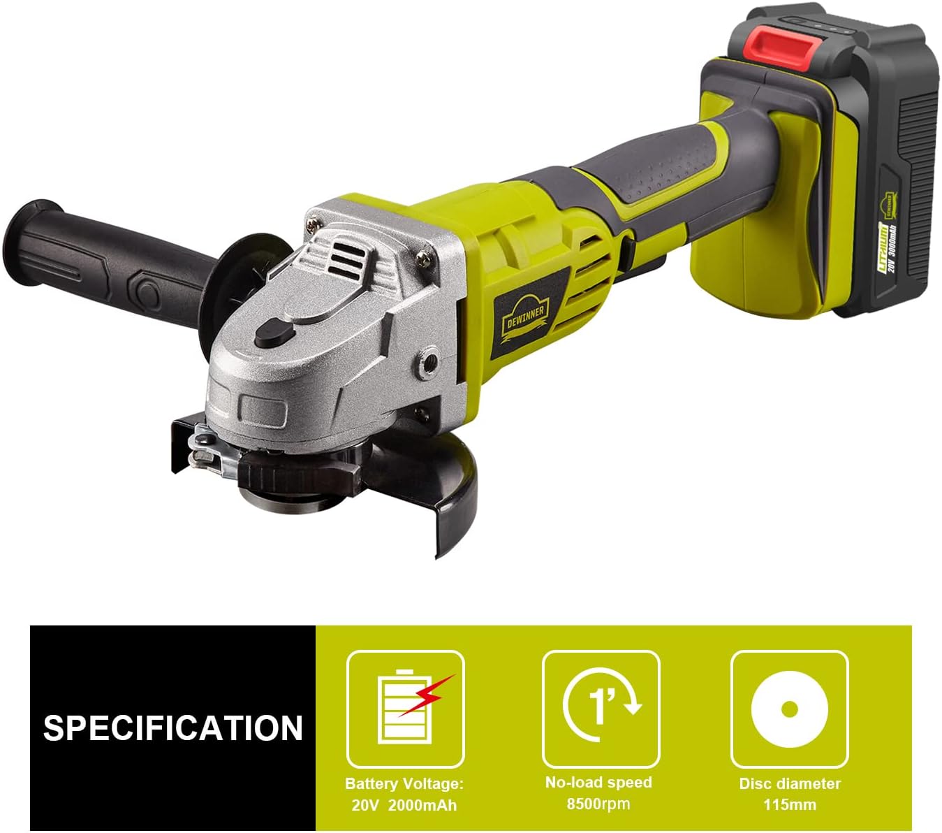 DEWINNER Cordless Angle Grinder, 115mm, 2*3Ah Battery, Auxiliary Handle, Quick Clamping, Quick Charger, 2 Grinding Discs for Grinding, Cutting and Polishing