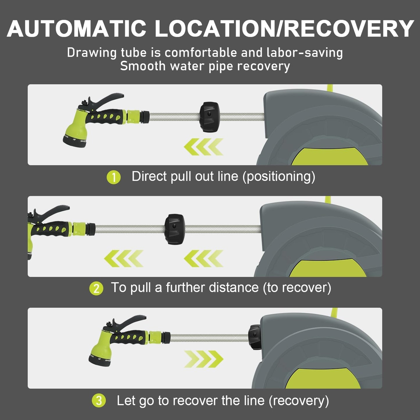 DEWINNER 30M Automatic Garden Hose Reel with Spray Nozzle, 180° Swivel, Garden Hose with Reel, 7 Functions for Watering Lawn Garden