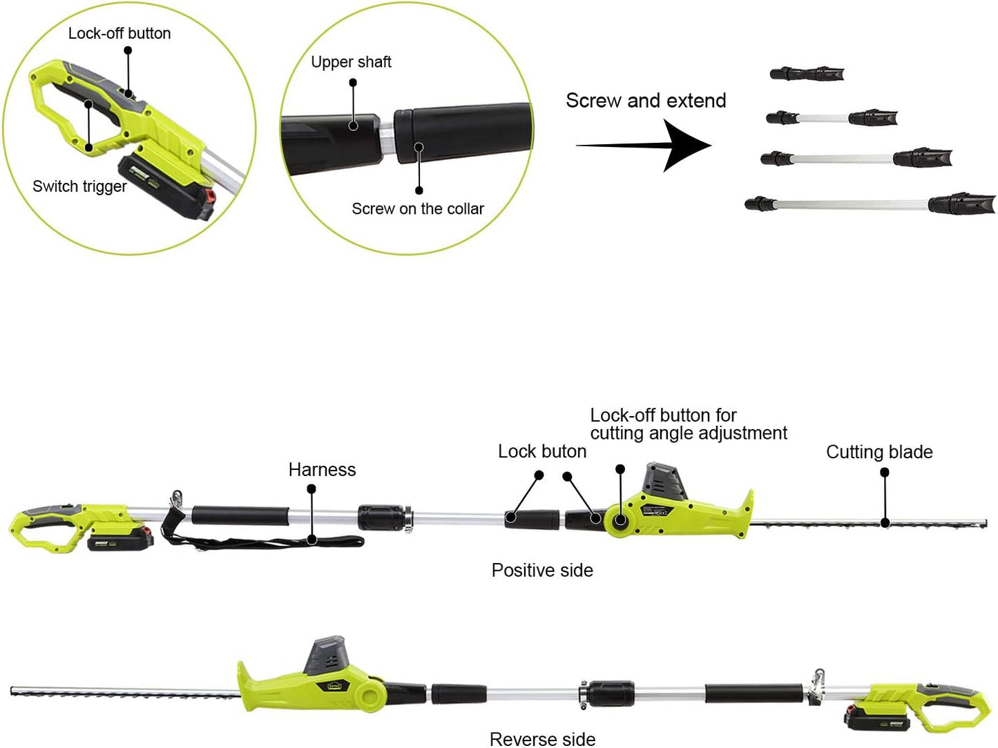 Hedge Trimmer on Telescopic Cordless Pole, DEWINNER Electric Pole 20V 2.0Ah (Length: 45cm, Capacity: 16mm), with 1 Battery Charger, Extension Pole 2.4M Cutter