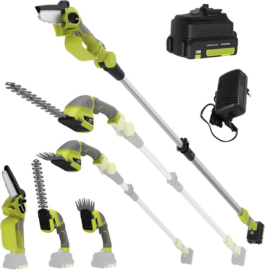DEWINNER 3 in 1 Telescopic Hedge Trimmer - Electric Chainsaw with Safety Switch, Range up to 2.53 m, Blades 240 mm and 120 mm, Head Adjustable 135°