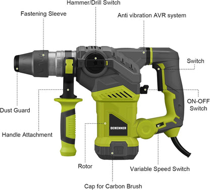 DEWINNER SDS-Plus Hammer Drill, 1500 W, 6 Speed, 850RPM, 4400BPM, 5.5J, Safety Clutch & Anti-Vibration Technology, 3 Functions, Including Organizer, Chisel and Drill 32 mm