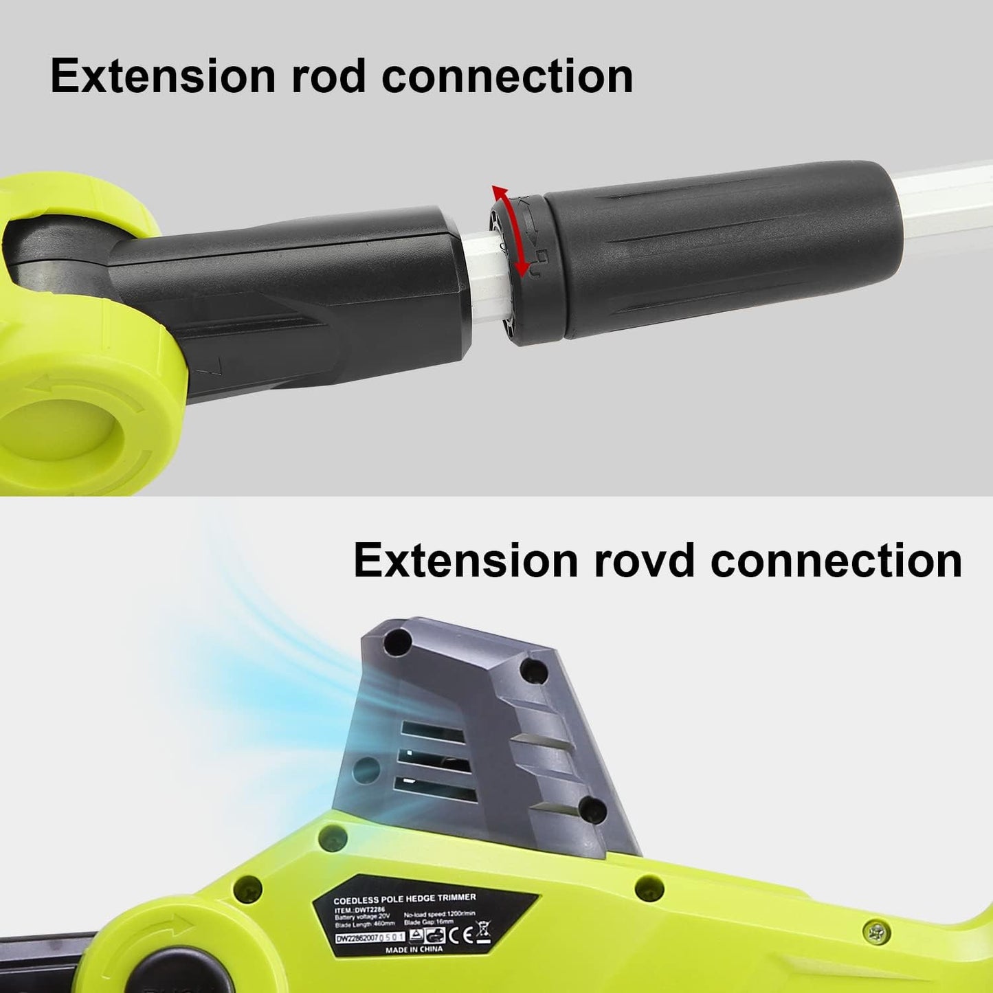 Hedge Trimmer on Telescopic Cordless Pole, DEWINNER Electric Pole 20V 2.0Ah (Length: 45cm, Capacity: 16mm), with 1 Battery Charger, Extension Pole 2.4M Cutter