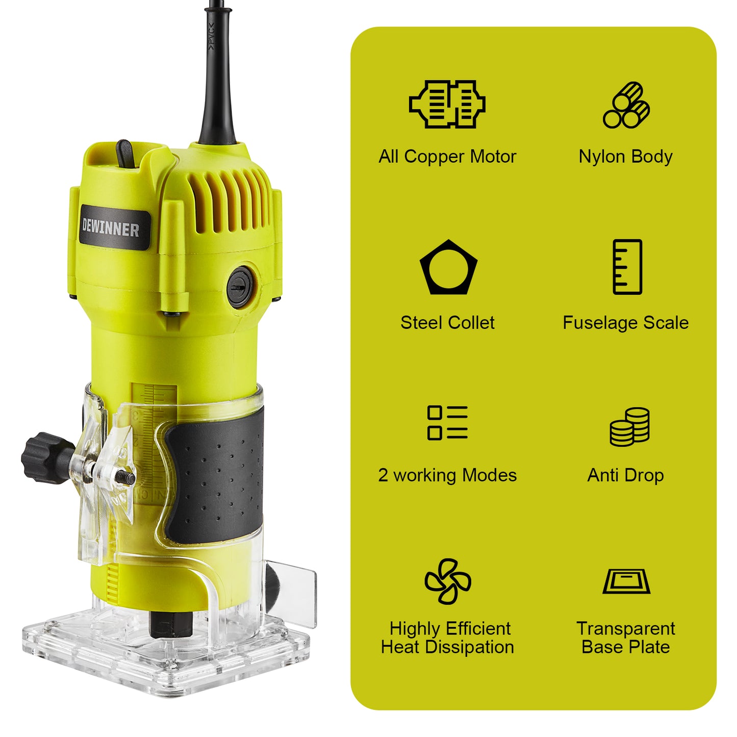 Electric Hand Palm Router, DEWINNER Trimmer Laminate Wood Working Joiners Tool, Compact Router with Trimmer Base, 3 Guide,2 Collets 1/4"(6.35mm) and 3/8"