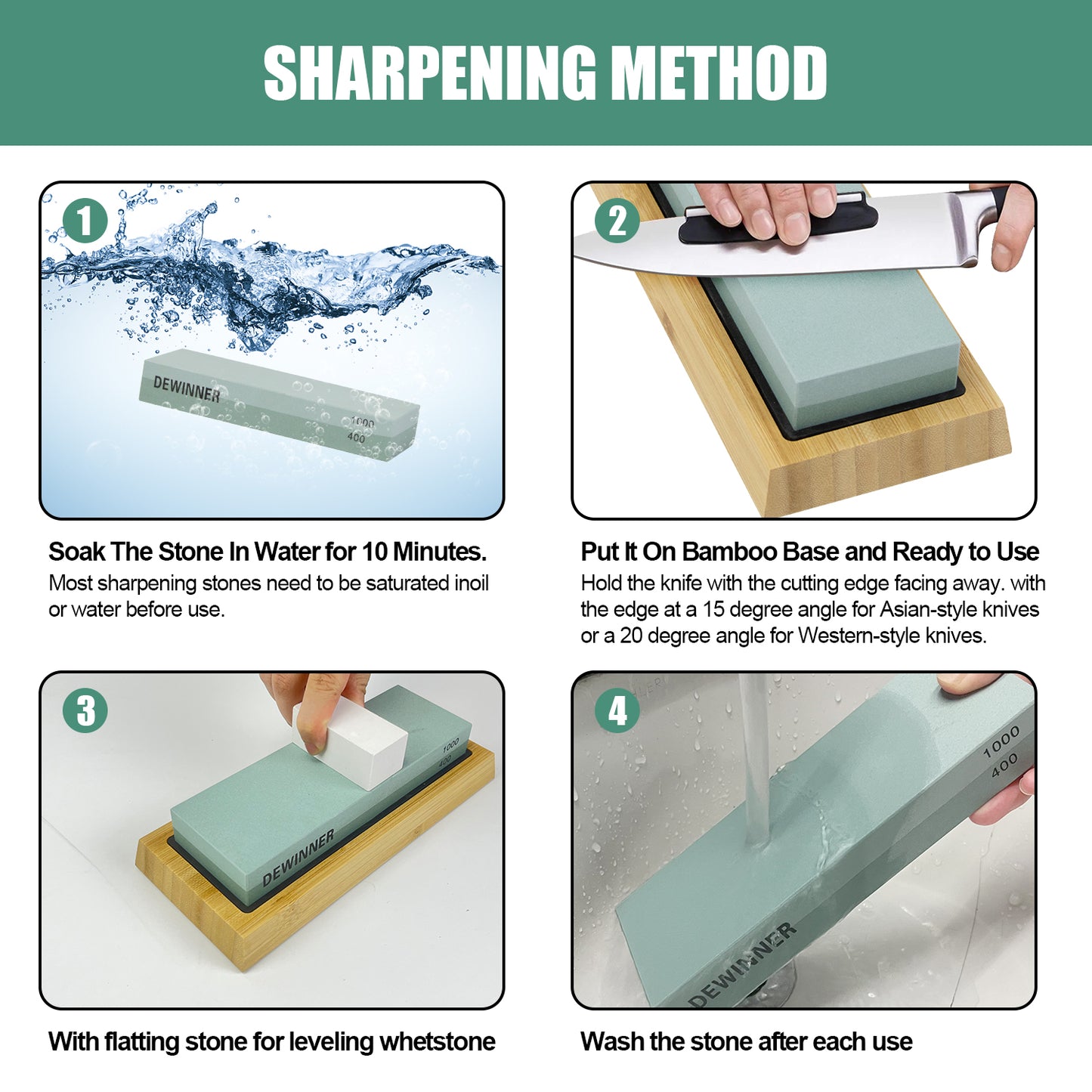 Knife Sharpening Stone Set, HMPLL Whetstone Knife Sharpener Stone Set 4 Side Grit 400/1000 3000/8000, Professional Whetstone Include Non-Slip Bamboo Base, Leather Strop, Flattening Stone & Angle Guide