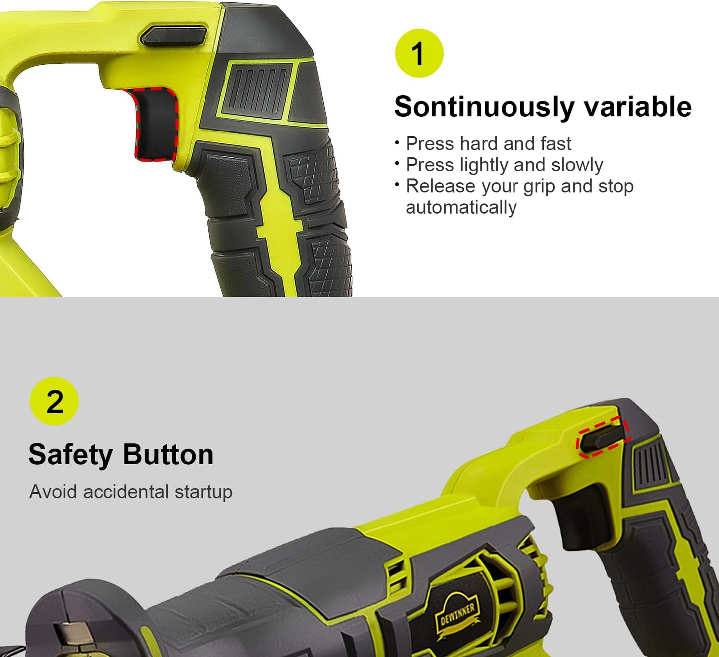DEWINNER Cordless Sabre Saw, 20V 2.0Ah Compact Saw with Li-Ion Battery and Charger, 2 Saw Blades, Variable Speed, Tool-free Blade Change