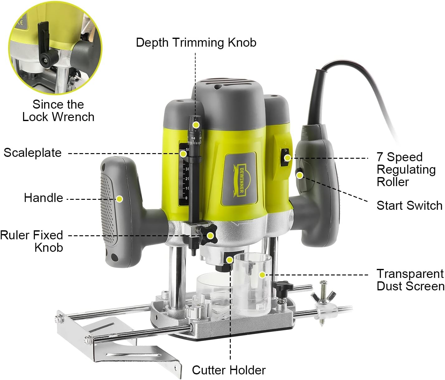 Electric Flush Router 1200 W, DEWINNER Wood Router 16000-30000 RPM Profession Fresateur Laminator with Set of 12 Cutters, 6 Speed, Milling Depth Adjustment