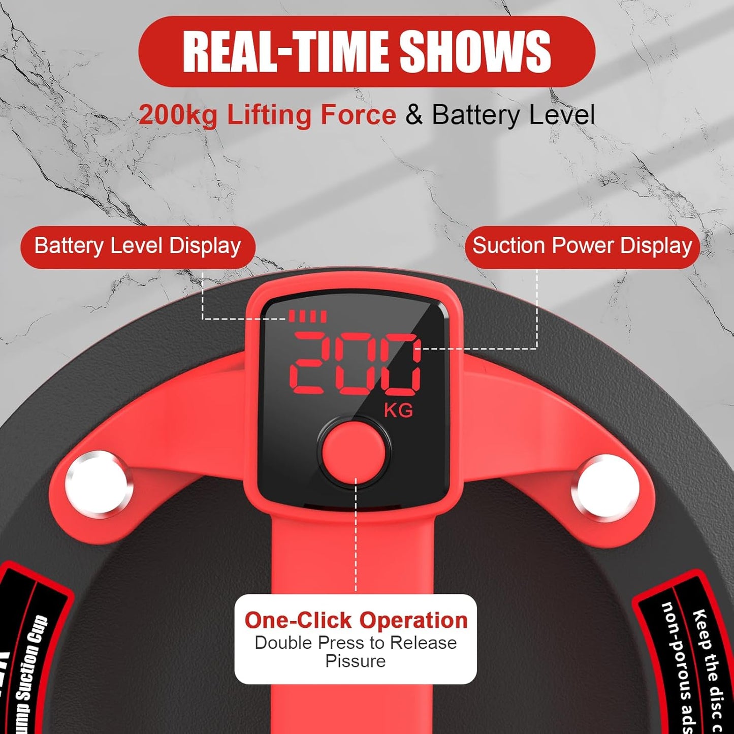 DEWINNER 8 inch Tile Suction Cup with 2 x 3000 mAh Battery, LCD Display Electric Suction Cup, Automatic Filling Function, Max Load Capacity 200 kg, Suitable for Glass and Tiles