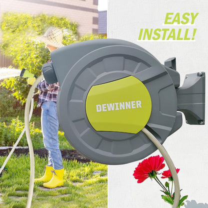 DEWINNER Garden Hose Reel 25+2M, Automatic Wall Mounted Hose Reel with Spray Nozzle, 180° Swivel, Garden Hose with Reel, 7 Functions for Watering Lawn Garden